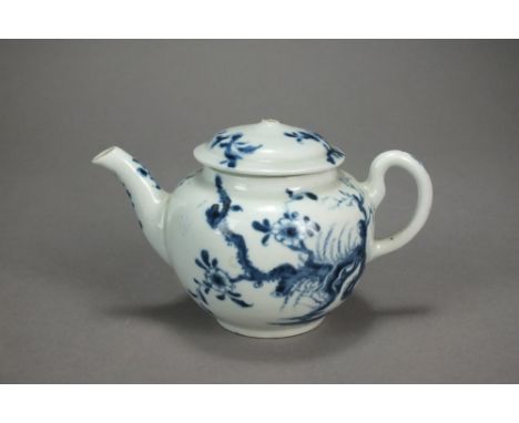 A Worcester porcelain toy or miniature teapot and cover painted in the 'Prunus Root' pattern, circa 1758, painters' mark in u