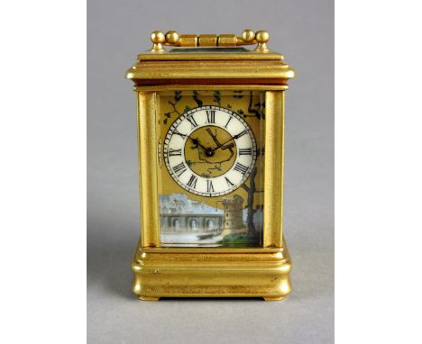 A miniature brass carriage timepiece, the five glass case with platform lever escapement and painted porcelain dial with Roma
