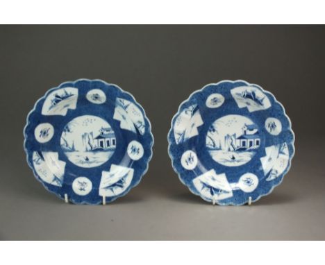 A pair of small Caughley powder blue lobed plates painted in the Fan Panelled Landscape pattern, circa 1777-85, painted faux 