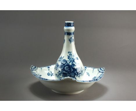 A Worcester guglet and basin transfer-printed in blue with the Pine Cone pattern, circa 1770-80, the basin of quatrefoil form