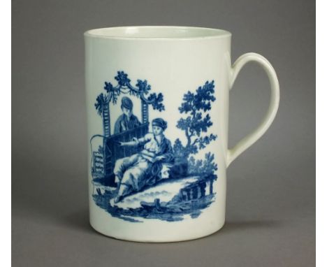 A Worcester cylindrical mug transfer-printed in underglaze blue with the La Peche and La Promenade Chinois pattern. circa 177