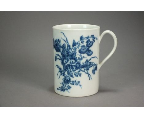 A Caughley porcelain cylindrical mug transfer-printed in the Three Flowers pattern, circa 1778, S mark, 11.5cm high  Yellow s