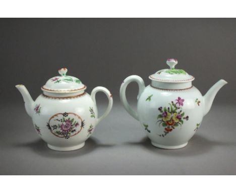 A Caughley porcelain famille rose teapot and cover, circa 1785, unmarked, 16cm high and one further, smaller, polychrome teap