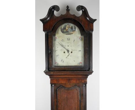 A George III oak and mahogany crossbanded longcase clock, the broken scroll swan neck pediment above an arched glazed hood en