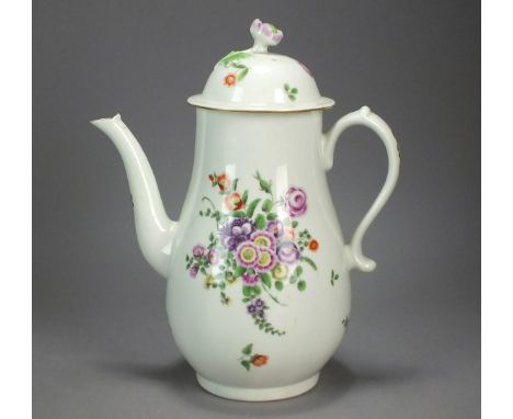 A Worcester porcelain polychrome coffee pot and cover with flower form finial, circa 1775-80, unmarked, 24cm high