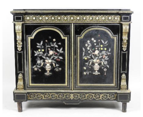 A French marble top and ormolu mounted pietre dure meuble d'appui, mid 19th century, the rectangular marble top with breakfro