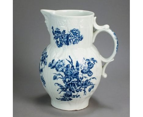A Caughley porcelain cabbage leaf mask jug transfer-printed in the Bouquets pattern, circa 1780, unmarked, 19cm highCubbin Co