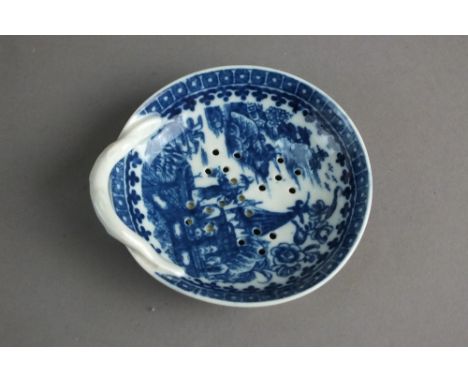 A Caughley porcelain egg drainer transfer-printed in the Fisherman or Pleasure Boat pattern, circa 1785, S mark, 8cm diameter