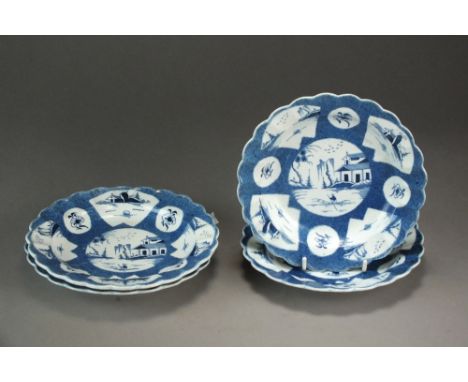 Four Caughley lobed plates painted with a fan-panelled landscape within powder blue ground, circa 1777-85, impressed Salopian