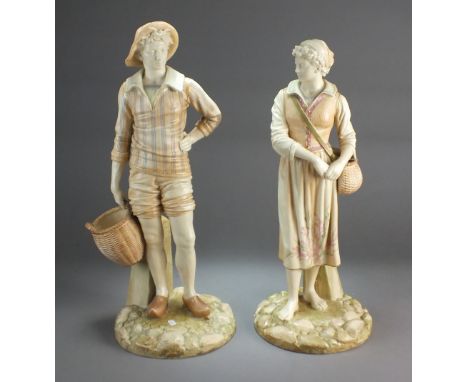 A pair of Royal Worcester blush ivory figures of 'French Fisher Girl' and 'French Fisher Boy', late 19th century, modelled by