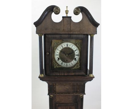 A George III style mahogany and inlaid grandmother clock, 20th century, the broken scroll swan neck pediment above an eight i