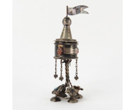 19th Century Judaica Silver European Spice Box In The Shape Of A Tower. Also set with Agate, Turquoise and Lapis gemstones. S
