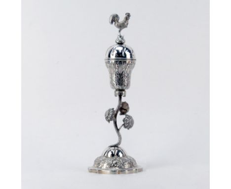 19th Century Hungarian Silver Flower Form Spice Box. Elaborate flower, leaf and pod motif with rooster finial. Marked Hungary