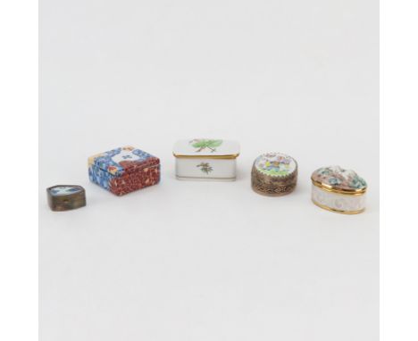 Collection of Five (5) Porcelain Boxes Including A Vintage Herend Porcelain Covered Box with Flower Design; a Vintage R. Capo