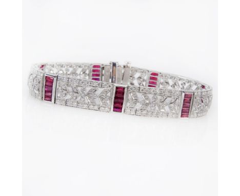 Approx. 3.94 Carat Calibre Cut Ruby, 3.04 Carat Round Cut Diamond and Platinum Bracelet. Rubies with vivid saturation of colo
