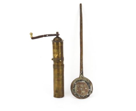Two (2) Piece Early Judaica Lot. Includes a copper slotted spoon utensil and a brass spice grinder. Unsigned. Condition consi