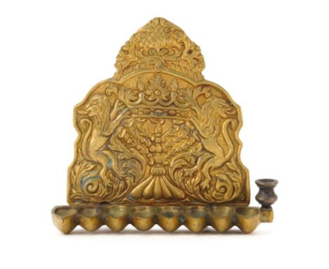 Antique Judaica Brass Hanukkah Lamp With Relief of Lions. Unsigned. Good condition. Measures 6-1/2" H x 6-3/4" W. Shipping $4