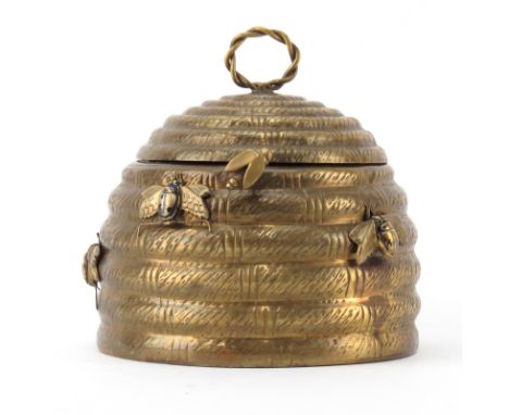 Vintage Mottahedeh Brass Beehive Lidded Box. In the form of a beehive mounted with several polychrome bees and entwined loop 