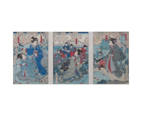 Vintage Japanese Woodblock Triptych Prints. Signed in print. Good condition. Each print measures 14" x 9-3/4" (sight), frame 