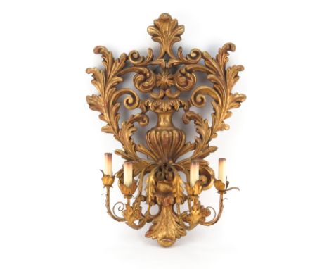 Baroque style Carved Gilt Wood and Gilt Tole Four Light Sconce. Unsigned. Minor rubbing otherwise good condition. Measures 26