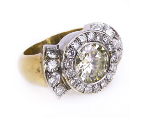 Vintage Approx. 2.80 Carat Round Brilliant Cut Diamond, Platinum and 18 Karat Yellow Gold Ring accented with Round Brilliant 