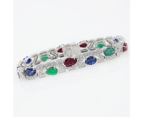 Art Deco Style Approx. 4.56 Carat Carved Emerald, 3.57 Carat Carved Sapphire, 5.93 Carat Carved Ruby, 1.10 Carat Round Brilli