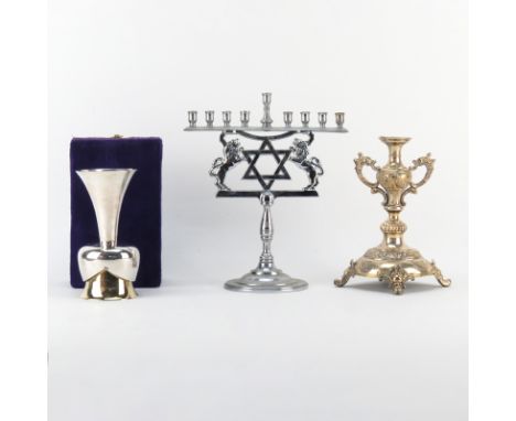 Three Piece Judaica Lot. Includes Silver plate candlestick, Kiddush Cup and Menorah. Vintage condition with some wear. Menora