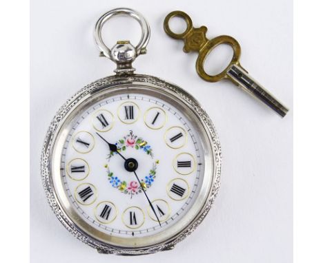 Circa 1886 English, Birmingham Engraved Sterling Silver Pocket Watch with Enamel Decorated Dial and Swiss Movement with Key. 