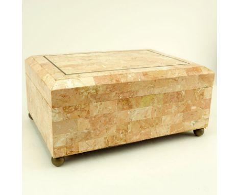Maitland-Smith Tessellated Tile and Brass Inlaid Footed Box. Cedar lined interior. Maitland-Smith Ltd. Label affixed on under