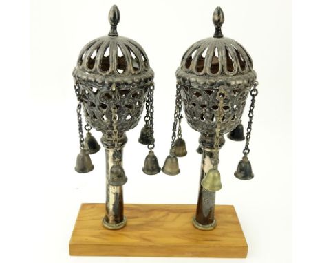 Pair of Late 18th or 19th Century Judaica Silver Torah Finials on Wooden Mount. Possibly Egyptian. Bulbous form chased with o