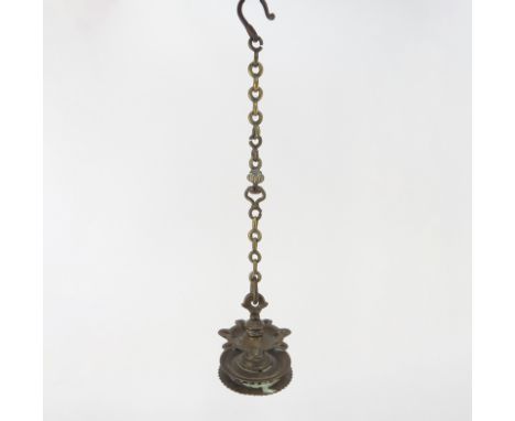 18-19th Century Judaica Probably Persian Hanging Brass Lamp. Seven spouts, original chain. Unsigned. Measures 23" including c