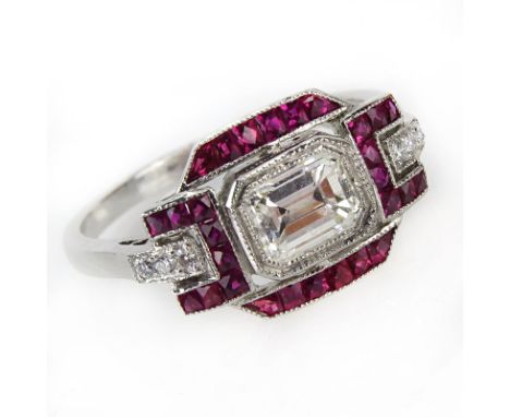 Art Deco Style Approx. .73 Carat TW Diamond, 1.13 Carat Ruby and Platinum Ring Set in the Center with an Approx. .69 Carat Em