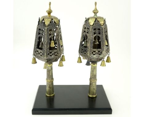 Pair of Late 18th or 19th Century Judaica Silver and Brass Torah Finials on Wooden Mounts. Possibly Moroccan. Octagonal form 