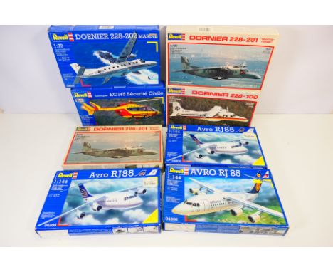 Revell - Eight boxed plastic aircarft model kits in 1:72 and 1:144 scales. Lot includes Revell #04208 1:144 Avro RJ85; #4241 