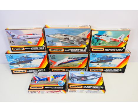 Matchbox - Eight boxed Matchbox 1:72 scale plastic military aircraft model kits. Lot includes Matchbox #40131 Viggen SK.37; #