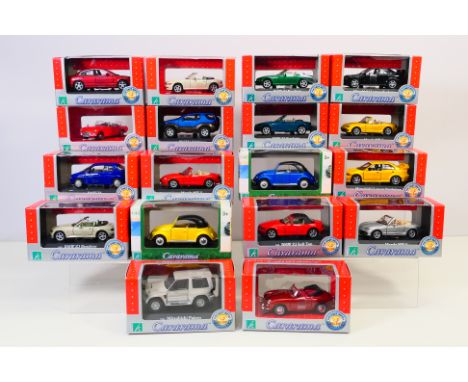 Cararama - A boxed group of 18 boxed diecast 1:43 scale model cars. Lot includes Mazda MX-5, Jaguar S-Type, Mitsubishi Lancer