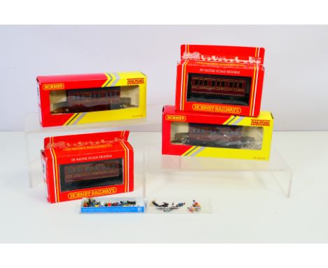 Hornby - Preiser - 4 x boxed OO gauge LMS 4 Wheel Coaches # R.468 and # R4671 and a box of figures. The items appear in Very 