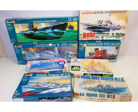 Revell - Airfix - Others - Eight boxed plastic model ship / boat kits in various scales. Lot includes Revell #05051 1:72 Germ