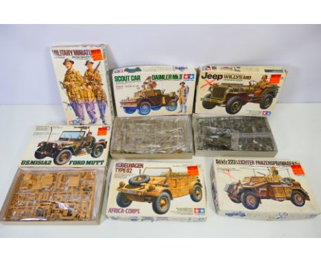 Tamiya - Six boxed plastic military model and figure kits mainly in 1:35 scale from Tamiya. Lot includes Tamiya #35238 Kubelw