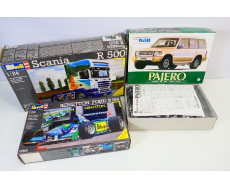 Revell - Aoshima - Three boxed plastic model vehicle kits in 1:24 scale. Lot consists of Revell #07528 Scania R500; Aoshima M