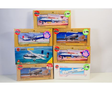 Airfix - Seven boxed plastic commercial aircraft model kits in 1:144 and 1:72 scales from Airfix. Lot includes #4018 Shorts S
