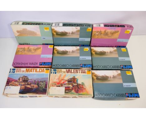 Fujimi - Nine boxed 1:76 scale plastic military model kits. Lot includes #38027 Panzer I; #WA8 Matilda British Infantry Tank;