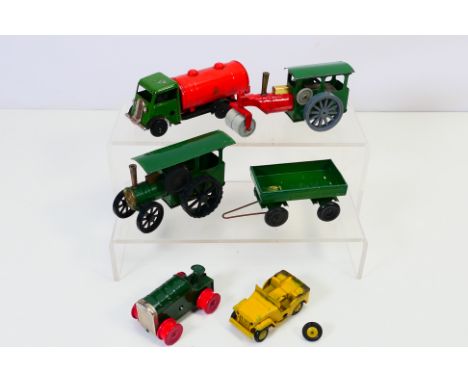 Tri-ang - Minic - A group of unboxed vehicles, traction engine with trailer, tanker truck, Jeep (re painted) and others. They