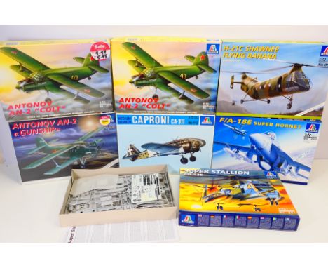 Italeri - Seven boxed 1:72 scale plastic military aircraft model kits from Italeri. Lot includes Italeri #083 F/A-18E Super H