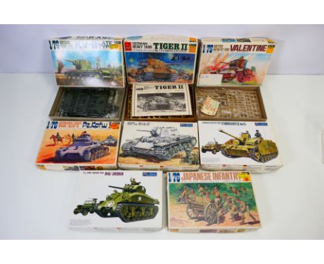 Fujimi - Eight boxed 1:76 scale plastic military model kits. Lot includes WA1-150 Tiger II; #76016 M4A1 Sherman;#76011 German