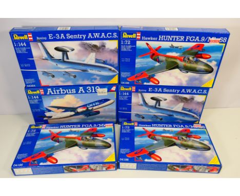 Revell - Six boxed Revell plastic military aircraft model kits in various scales. Lot consists of Revell #04364 1:144 Boeing 