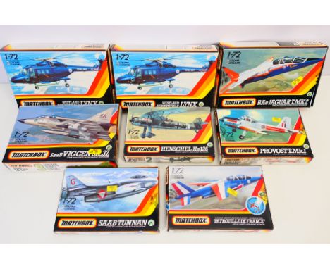 Matchbox - Eight boxed Matchbox 1:72 scale plastic military aircraft model kits. Lot includes Matchbox #40131 Viggen SK.37; #