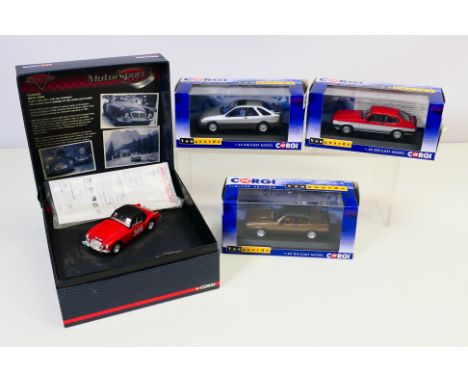 Corgi Drive time Motorsport # VA05008, and three Vanguard limited edition model motor cars, all 1:43 scale and all appear min