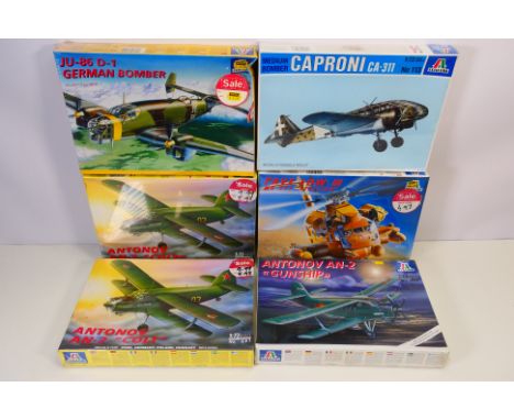 Italeri - Six boxed plastic military aircraft model kits in 1:72 scale from Italeri. Lot includes Italeri #091 Antonov AN-2 '