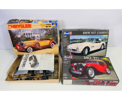 Revell - Italeri - Three boxed 1:24 scale plastic model car kits. Lot consists of Revell #07392 MG TC (1945); Revell #07200 B